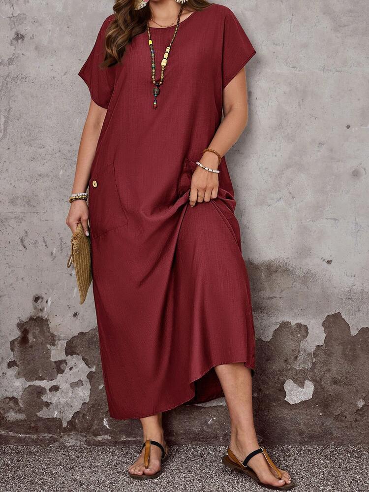 Plus Size Women's Summer Casual Vacation Country Round Neck Short Sleeve Pocket Loose  Red Long Dress,Plus Size Women's Casual Vacation Solid Color Red Round Neck Short Sleeve Loose Fit Basic Dress With Pockets,, Summer Holiday,Spring Break Outfits ,Vacation Outfits Women ,Holiday Outfits For Women,Spring Dress Women,Going Out Outfits,2026 New Clothes,Simple And Fashionable For Everyday Wear,Casual Vacation Boho Dress,,Flowy Dress,Holiday Outfits Boho,Casual,Flowy Long Dress ,Suitable For Summer, Vacation, Commute, Daily Wear, Red Summer Dress Women Casual Long Dress