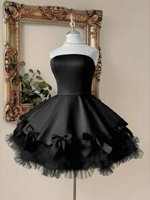 Lovelzi Elegant Luxurious Satin Patchwork Mesh, Handmade Bow Decor, Strapless Bubble Hem A-Line Short Cocktail Dress, Party Gown - Black - View 6