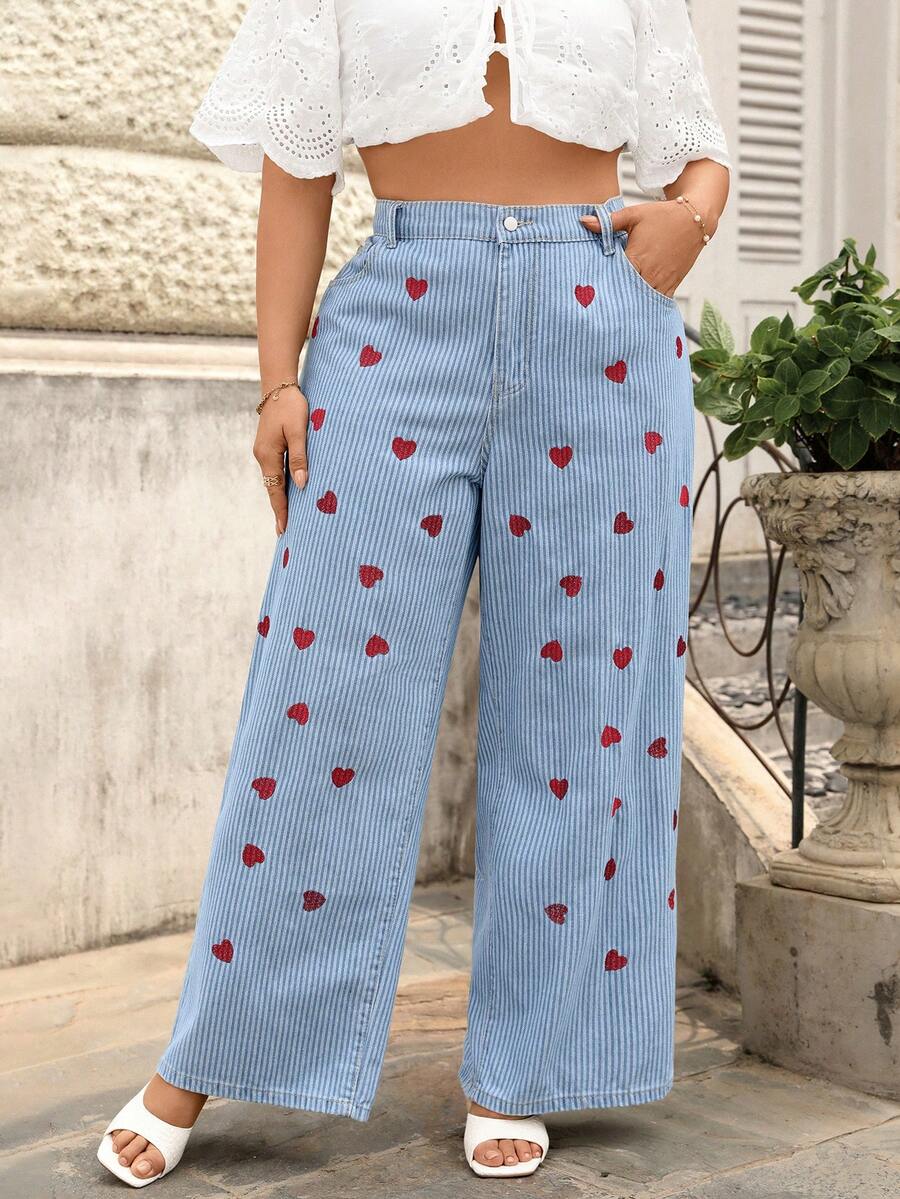 Breezaya Plus Size Women Street Casual Vacation Cartoon Embroidery Wide Leg Jeans - Light Wash - View 1