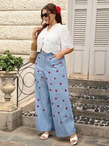 Breezaya Plus Size Women Street Casual Vacation Cartoon Embroidery Wide Leg Jeans - Light Wash - View 6
