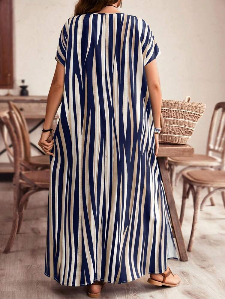 Plus Size Women's Striped Color Block Maxi Long Beach Dress,Beige Summer Boho Vacation Holiday Spring Outfits,Country Style Zanzea Shirt Dress
