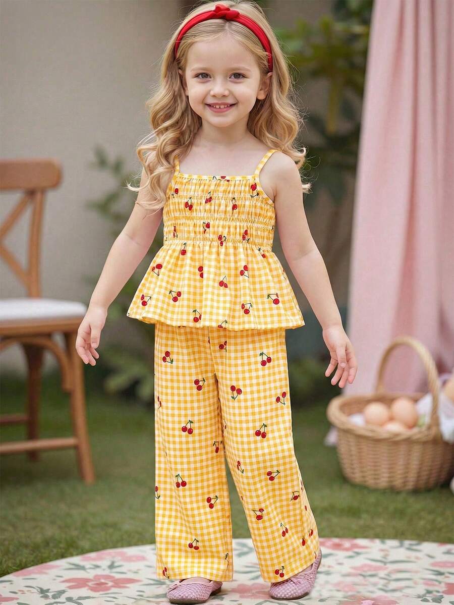 SHEIN Elladie kids Young Girl' Cute Sweet Cherry Plaid Print Camisole And Wide Leg Pants Set, Suitable For Casual Daily And Holiday Wear - Yellow - View 1
