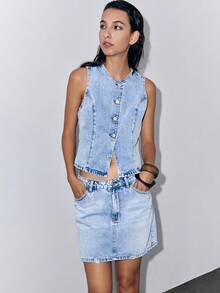 SHEIN PETITE Women's All-Match Versatile Distressed Denim Mini Skirt - Light Wash - View 5