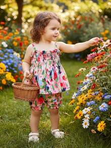 寶寶女孩可愛花卉印花假日風格背心上衣和短褲套裝 - 彩色 - 查看 4