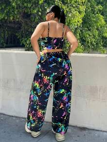 Muchica Women's Plus Size Ink Splatter Print Cami Top And Jogger Pants Set - Multicolor - View 2