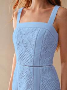 MOTF PREMIUM NEW ARRIVAL SPRING/SUMMER LIGHTWEIGHT ELEGANT SPAGHETTI STRAP SQUARE NECK LACE TRIM HOLLOW OUT FLARED DRESS FOR WOMEN - Lake Blue - View 4