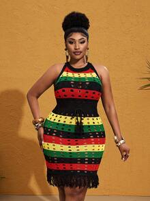 Maweii Women's Y2K Aesthetic Beach Bohemian Casual Colorful Striped Tassel Dress,Green Yellow Black Red Gorgeous Sexy Fashionable Simple Unique Design Skirt Fringe ,Party Vacation Beach Round Neck Sleeveless Cutout Ser, Hem Patchwork Drawstring Cinched Waist Slimming Short Plus Size Knitted Dress, Spring Summer Summer Outfits For Women Jamaica Bkack Dresses For Women - Multicolor - View 4