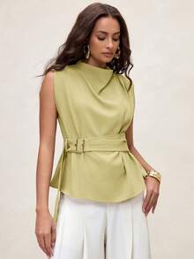 Aveloria Modichic Áo kiểu nữ cổ cao, vai lệch, nhún bèo, không tay, eo điều chỉnh được, màu vàng mù tạt. - Vàng nhạt - Xem 7