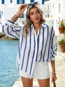 SHEIN Holidaya Women's Loose Fit Lightweight Drop Shoulder Shirt With Back Slit And Tie, Striped Design For Casual And Work Wear - Blue - View 1