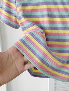 SHEIN 少女休闲条纹针织圆领短袖上衣 - 彩色 - 查看 3