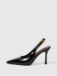 Sleekvia Giày cao gót mũi nhọn mỏng nhẹ mới dành cho nữ, chất liệu PU tráng gương, khóa kim loại đính đá, kiểu dáng đơn giản và thanh lịch, phù hợp cho công sở, quai sau gót nhọn. - màu đen - Xem 2