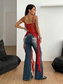 Coolane Áo tank top nữ mùa hè, phong cách lễ hội âm nhạc, vintage Y2K, họa tiết da báo, chất liệu ren, co giãn, phối màu đen. - Đỏ - Xem 2