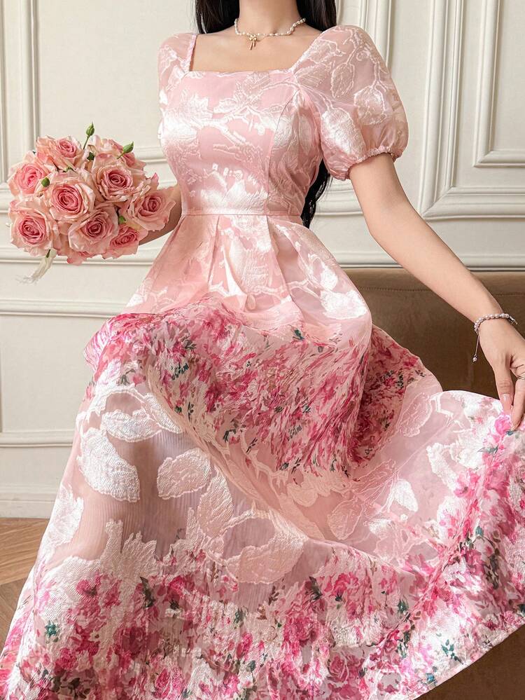 Women's Elegant Floral Print Square Neck Mid-Length Dress, Summer,Wedding Guest Dress Women Sundress