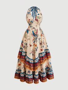 Flirla Plus Size V-Neck Halter Floral Print Elegant Retro Cute Maxi Dress For Women - Multicolor - View 3