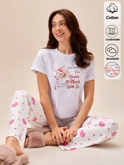 Loomlin Cotton Line Women Cute Cake Pattern Pink Solid Color Round Neck Short Sleeve Top And Comfy Heart Printed Sleep Pants