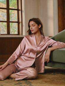 Bisouelle Bộ đồ ngủ satin cổ khăn choàng, trang phục thu đông - Bụi tím - Xem 9