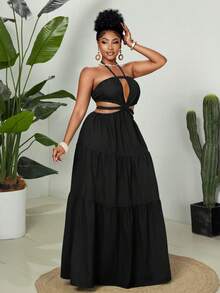 Maweii Plus Size Women Solid Color Halter Tie Ruched Casual Party Vacation Dress - Black - View 4