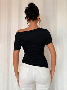 Rafferiza Women's Elegant Solid Color Ruched Asymmetrical Shoulder Short Sleeve Fitted T-Shirt, Summer - Black - View 2