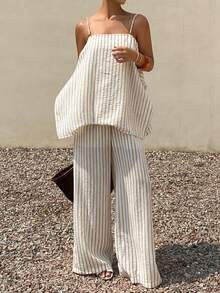 Livesso Conjunto de férias de verão feminino - Blusa regata branca com estampa listrada solta e calça casual, conjunto de 2 peças - Damasco - Ver 4
