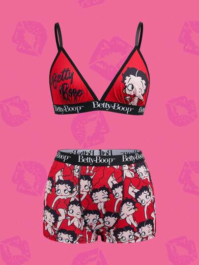 Betty Boop x SHEIN Women's Letter & Cartoon Print Camisole Bra And Shorts Casual Loungewear Set