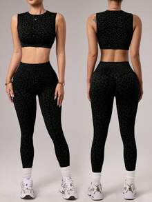 Dewbera Bộ đồ thể thao gồm áo ngực và quần legging không đường may, họa tiết da báo, ôm sát, dành cho nữ, dùng để tập luyện yoga, khiêu vũ, gồm áo ngực và quần legging. - màu đen - Xem 1