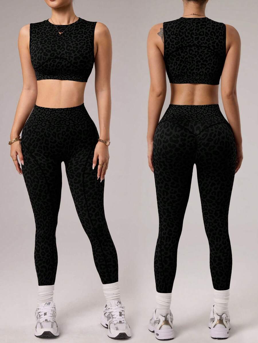 Dewbera Bộ đồ thể thao gồm áo ngực và quần legging không đường may, họa tiết da báo, ôm sát, dành cho nữ, dùng để tập luyện yoga, khiêu vũ, gồm áo ngực và quần legging. - màu đen - Xem 1
