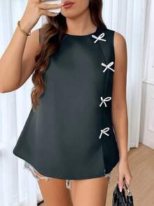 CosyJoli Plus Size Women Summer Casual/Work Sleeveless Top With Contrast Color Bow Decor - Dark Grey - View 6