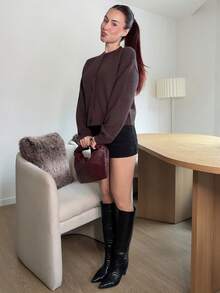 Abrilcols Women's Solid Color Minimalist Knit Cardigan Y2k - Coffee Brown - View 4