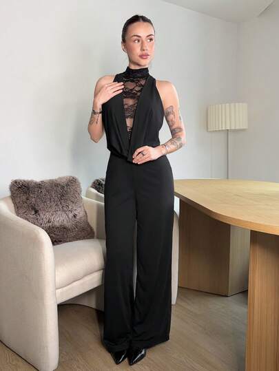 Abrilcols 女式纯色蕾丝拼布无袖连体裤