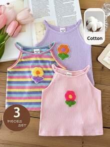 SHEIN LMoss Kids Bộ 3 áo len dệt kim màu trơn họa tiết hoa 3D kẻ sọc cho bé gái - Nhiều màu - Xem 4