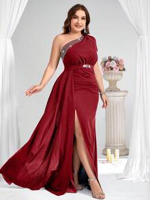 Coutiva Women's Plus Size Elegant Rhinestone One-Shoulder Split Formal Evening Gown,Red Winter Sequin Mermaid Fishtail Dress For Dinner Wedding Gala Party - Red - View 7