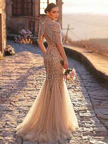 Glamrae Falda de sirena elegante y lujosa con parches de malla bordada con lentejuelas y perlas, con mangas con flecos, adecuada para bodas, fiestas, vacaciones, galas, vestidos de noche (muy adornada) - Champán - Ver 3