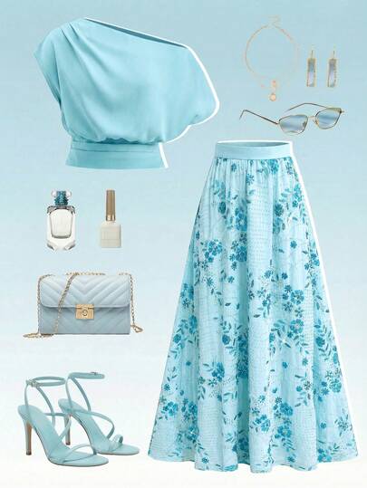 Ellevyn Solid Color Asymmetric Collar Top And Floral Print Skirt Elegant 2 Pieces Set Sequin Sparkly  Blue 3D Sequined Sequined Midi Skirt Set, Party Outfit, Two-Piece Set With Shirt And Skirt, Elegant Party Dress Set, Wedding Bridesmaid/Guest Attire, Sky Blue Glamorous Dress.  Blue Suit For Women