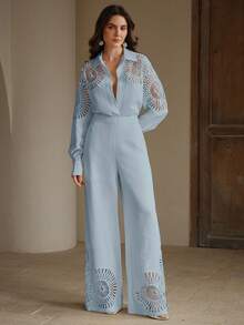 Anewsta 1 Set Front Button Hollow Long Sleeve Top And Slant Pocket Long Pants, Solid Color - Blue - View 6