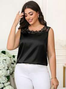 Reflora Camiseta de tirantes elegante de talla grande con parches de malla bordada para el verano - Negro - Ver 6