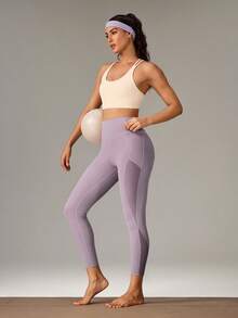 Women Outdoor Black Leggings Solid Color Running Gym Yoga Quick-Dry Tummy Control High Waist Mesh Panel Spors Pants Summer Spring - Dusty Purple - View 9