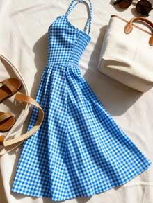 Franclia Đầm ngắn không tay, xếp ly eo, họa tiết kẻ caro xanh dương, thanh lịch và quyến rũ, phù hợp cho mùa xuân, hè, thu, đông, hẹn hò, đi chơi, đi làm, nghỉ mát, công sở, văn phòng, đa năng, mặc hàng ngày, thể hiện sự duyên dáng và thanh lịch, thích hợp đi biển. - Màu xanh lam - Xem 4