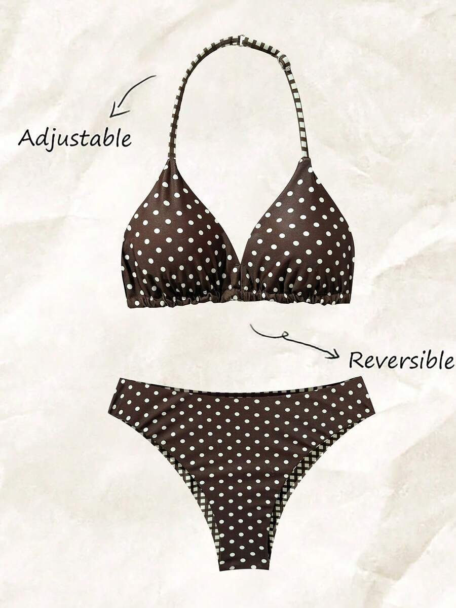 SHEIN Brown Base Yellow Polka Dot & Plaid Reversible Tween Girls Swimwear Set, Suitable For Summer Vacation, Swimming Pool, Beach Party Bathing Suits For Teens Bathing Suits Polka Dot Polka Dot Swimwear Reversible Bikini Sets Polka Dot - Multicolor - View 1