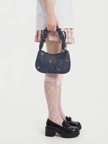 ROMWE Kawaii 1 件牛仔布光滑拉链蝴蝶结印花休闲时尚独特单肩包，适合女性日常使用 - 藍色 - 查看 2