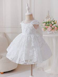 SHEIN Glamorique Kids Baby Girl White Summer Elegant Flower Girl Princess Dress,Large Bow Spaghetti Strap Mesh Dress For Birthday Party,Wedding,Graduation,Baby Shower - White - View 8