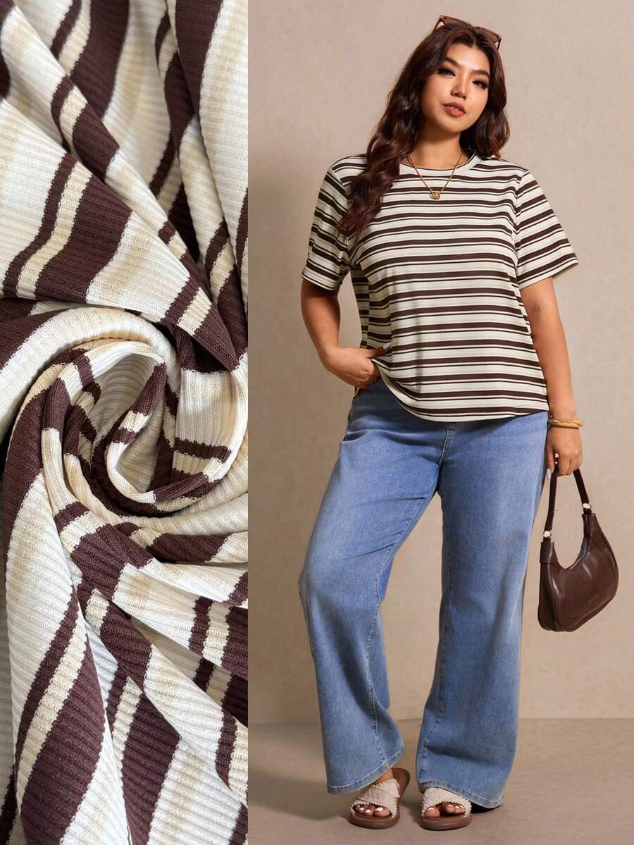 Elaquor 大码女装夏季休闲度假日常通勤撞色条纹印花短袖T恤 女式上衣和衬衫 运动上衣 女式工作衬衫 女式工作衬衫 - 杏色 - 查看 1