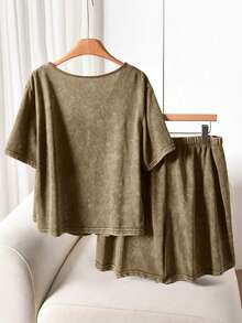 SHEIN Cosyjoi Bộ đồ mùa hè cỡ lớn gồm áo và quần short có dây rút, 2 món. - Màu Khaki - Xem 2
