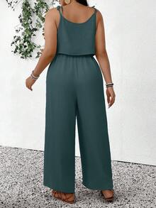 SHEIN Frenchy Plus Size Casual Vacation Textured Solid Color Jumpsuit - Green - View 2