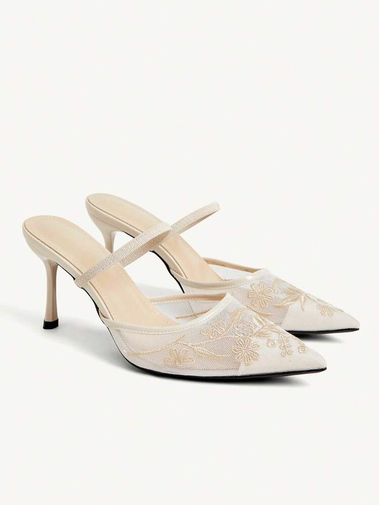 CUCCOO CHICEST Women's Beige Lace Mesh Embroidery Pointed-Toe Stiletto Heels - Bridal Wedding Guest Elegant Formal Pumps