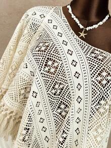 Zestiva Áo khoác ngoài kiểu Bohemian màu mơ, chất liệu vải có họa tiết, điểm nhấn là tua rua và ren, thích hợp cho kỳ nghỉ ngắn ngày, với kiểu dáng rộng rãi, thoáng mát. - Màu be - Xem 8