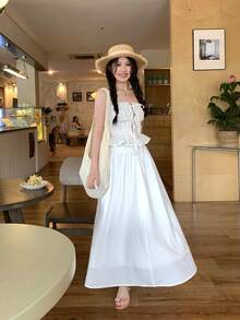 DAZY 女士纯色吊带背心和休闲半裙两件套，夏季波西米亚风度假装 - 白色 - 查看 4