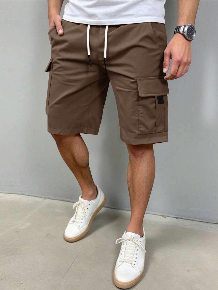Manfinity Homme Quần short nam màu trơn, cạp chun, dây rút, có túi. - Cà phê nâu - Xem 1