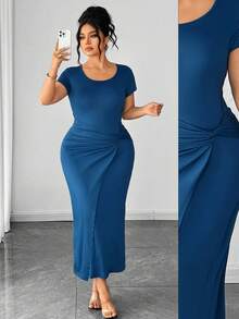 Elenzga Fashionable Casual French Retro Elegant Commuting Twist Waist Slit Midi Dress Curvy Dresses For Women Plus Size Dresses Body Fit Long Dress Plus Size Women's Clothing - Blue - View 1