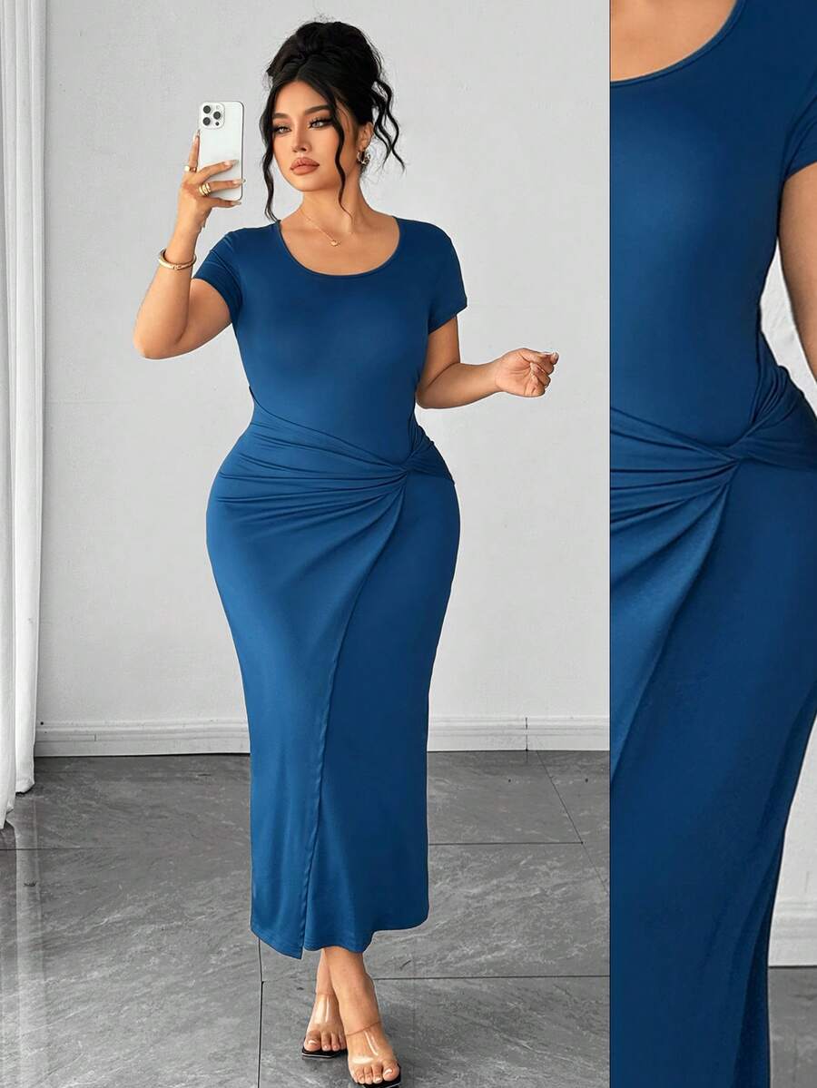 Elenzga Fashionable Casual French Retro Elegant Commuting Twist Waist Slit Midi Dress Curvy Dresses For Women Plus Size Dresses Body Fit Long Dress Plus Size Women's Clothing - Blue - View 1