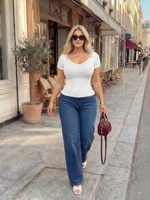 Easura Plus Size Dam Elegant Spets 2 I 1 Kortärmad T-shirt - Vitt - Visa 2